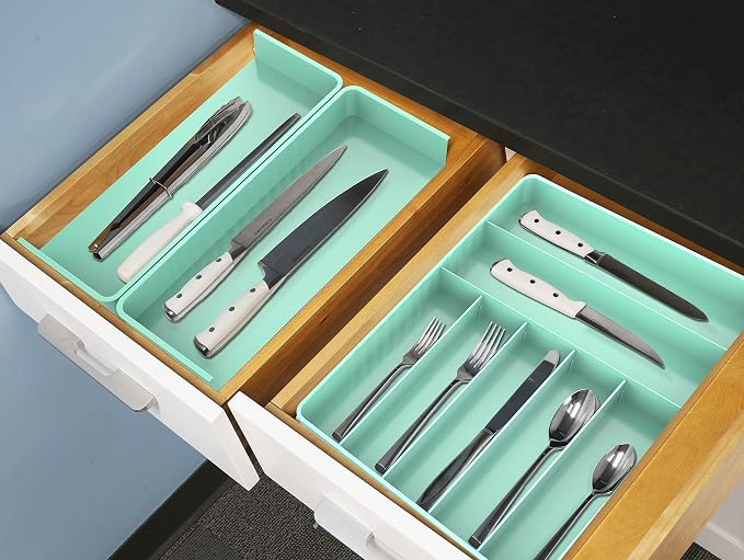 Simple Houseware Expandable Kitchen Drawer Flatware Organizer, Turquoise | Expandable & Adjustable Cutlery Drawer Organizer - Large Utensil and Flatware Tray for Kitchen Drawers