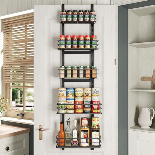 5-Tier Narrow Pantry Door Organizer,Over the Door Pantry Organizer,Black | Height Adjustable Heavy Duty Hanging Metal Basket,Back of Door Organizers and Storage for Home,Kitchen,Laundry,Bathroom