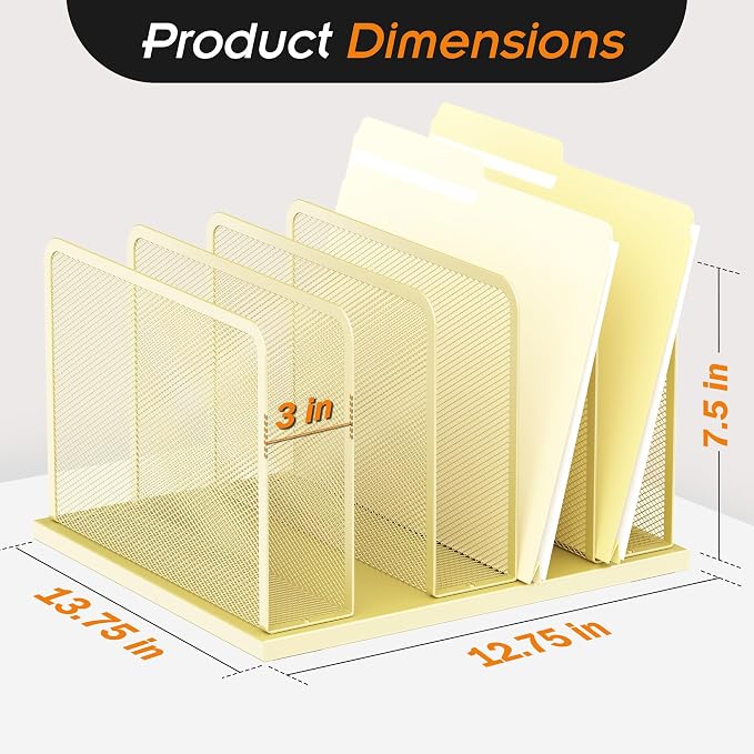 Kuntine.B 5-Section Upright Desk File Organizer Gold 1 Pack | Vertical, Mesh, Metal, Assembly, Stability, Sturdiness, Organization, Standing