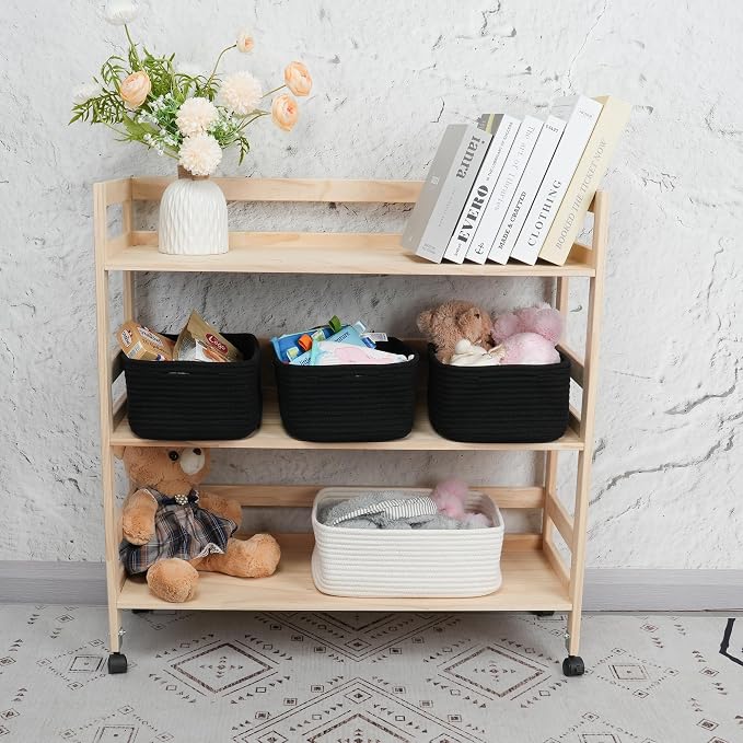 XUANGUO Small Woven Storage Baskets for Shelves, 13" x 9" x 5", Black | Decorative rope storage bins for closets and toy storage; cute organizer baskets, empty gift baskets and nursery storage.