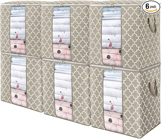 WISELIFE Storage Bags 6 Pack/100L Large Blanket Clothes Organization and Storage Containers for Comforters,Bedding, Foldable Organizer with Reinforced Handle, Clear Window, Sturdy Zippers,Beige