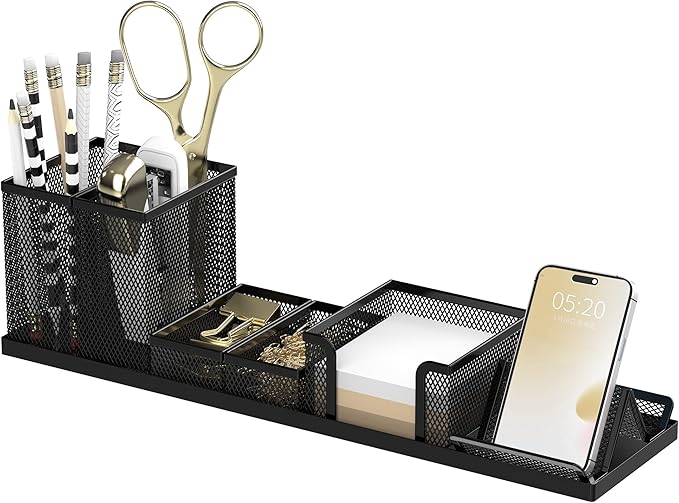 Pen Holder for Desk, 6-Piece Mesh Desk Organizer with Phone Holder, Black | 6-Piece Black Mesh Desk Set Includes Pen Cups, a Sticky Note Caddy and Phone Holder for Office, School, Home