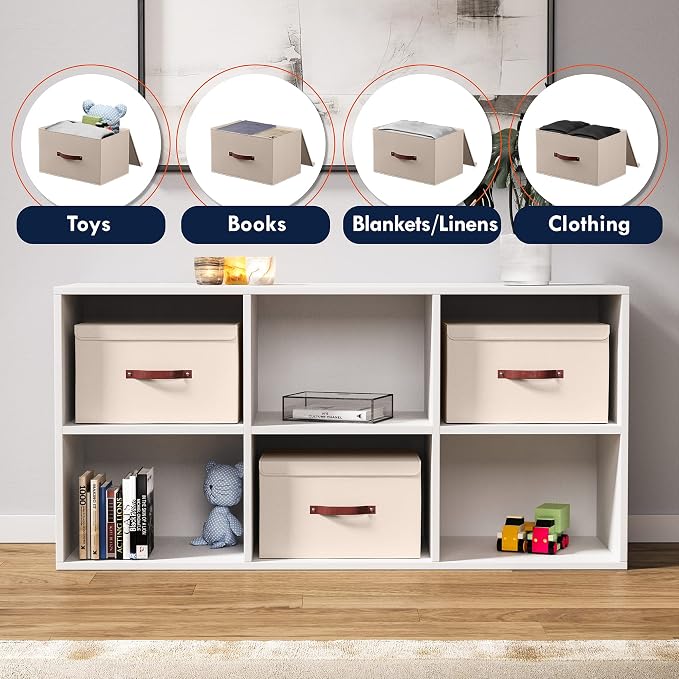 Ornavo Home 6 Pack Collapsible Storage Bins with Lid, 15x10x9, Beige | Foldable Linen Fabric; Faux Leather Handles; Ideal Closet Organizer & Large Storage Box for Clothes and Shelves