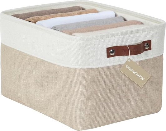 DECOMOMO Storage Bins, Large Fabric Storage Baskets for Shelves 1 Pack | 15 x 11 x 9.5 inches Decorative Linen Closet Organizers (Beige & White)