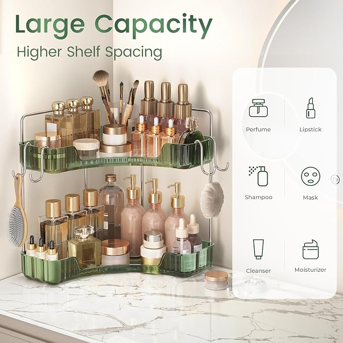 Corner Counter Organizer, 2-Tier Bathroom & Kitchen Storage Tray | PET Green Vanity Organizer Storage Countertop with Hooks for Skincare, Makeup & Jewelry