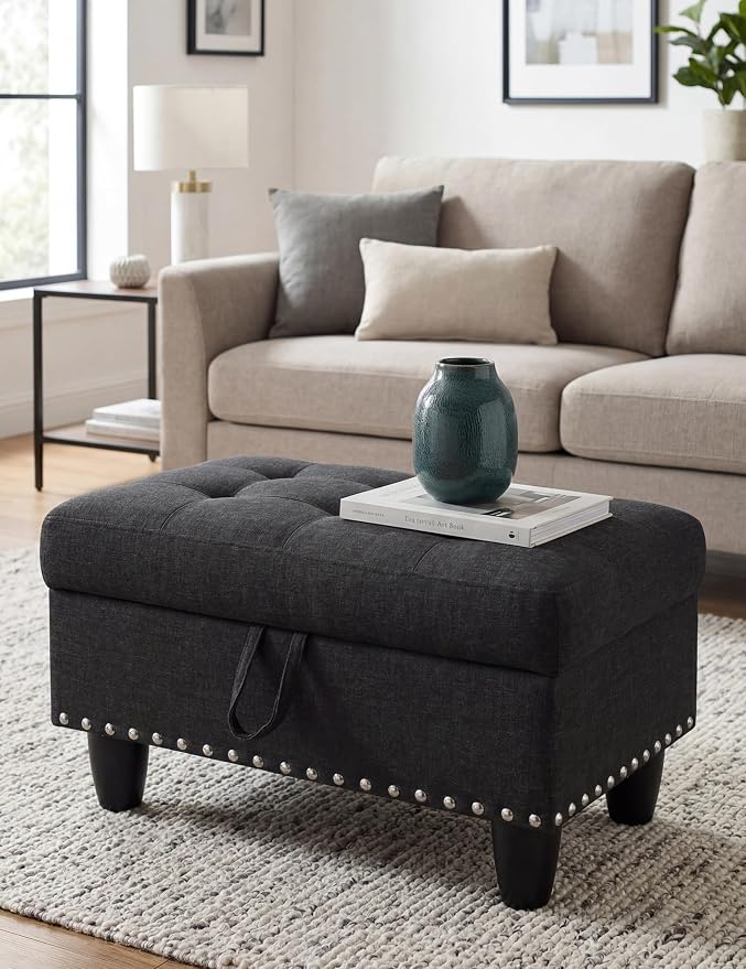 Ottoman with Storage, 28.5 inch Liner Storage Ottoman with Padded Seat, Large Entryway Bench with Solid Wood Frame, Upholstered Sturdy Foot Rest for Living Room, Bedroom, Entryway, Black Gray