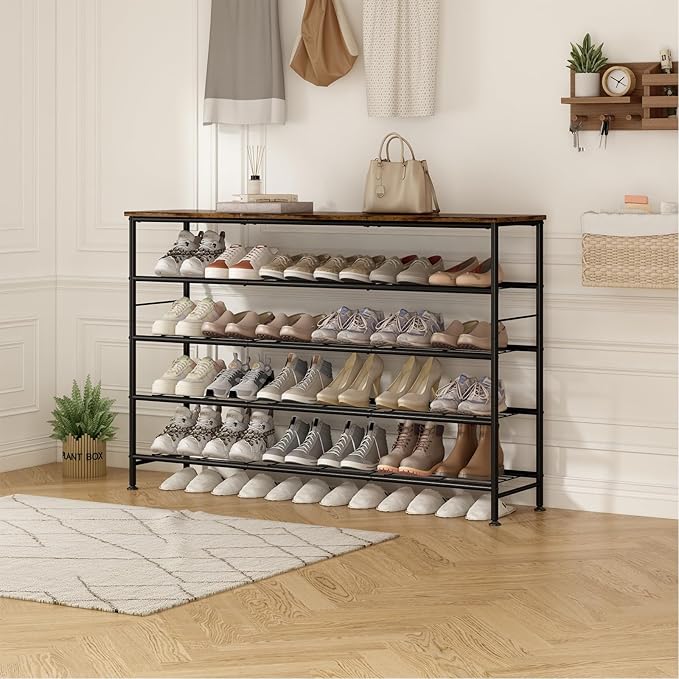 SUOERNUO 5 Tier Extra Long Shoe Rack Organizer Storage for Closet Entryway | Large Capacity Shelf,MDF Top Board,Sturdy Metal Frame,Ideal for Living Room,Hallway Black