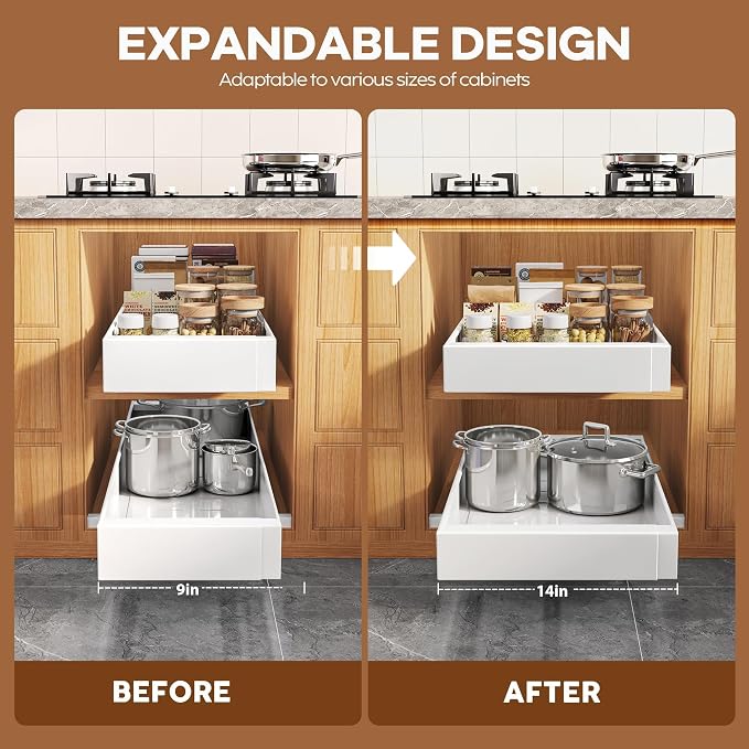 Seinloes 4 Pack Expandable Width (9"-14.1") Pull Out Cabinet Organizer 21" Deep with Raising Pad for Framed Cabinets, Upgrade 3 Slide Rails Slide Out Drawers, Roll Out Shelves Adhesive, White