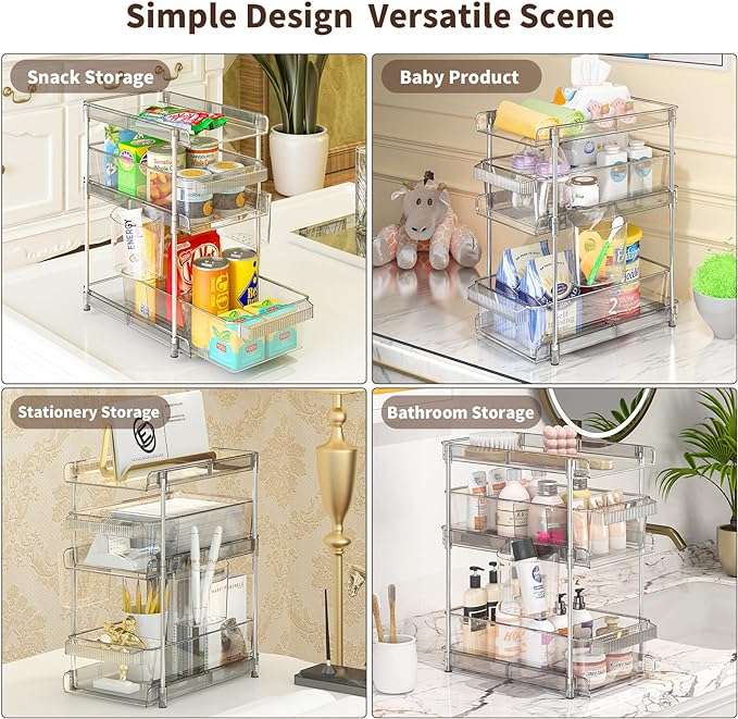 WAKISA 2Pcs Pull Out Organizer and Storage with Cups and Removable Dividers | Slide Out Drawer Storage Containers for Bathroom, Kitchen and Under-Sink Organization with 2 Cups and 6 Removable Dividers