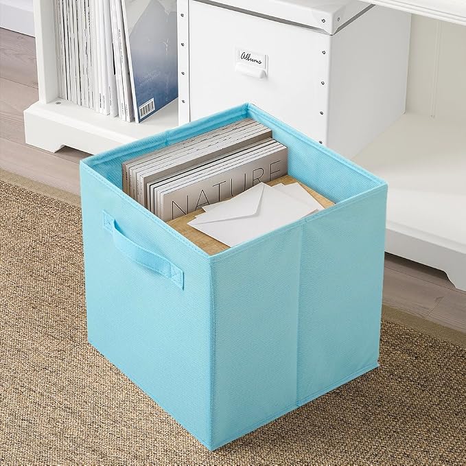 PowerKing Collapsible Storage Cubes, Farbic Storage Bins, Blue, 6 Pack | Sturdy, Lightweight, Easy Pull Handle, Closet & Shelf Organizer, Clothes and Toys Storage, 10.5'' x 11'' x 10.5''