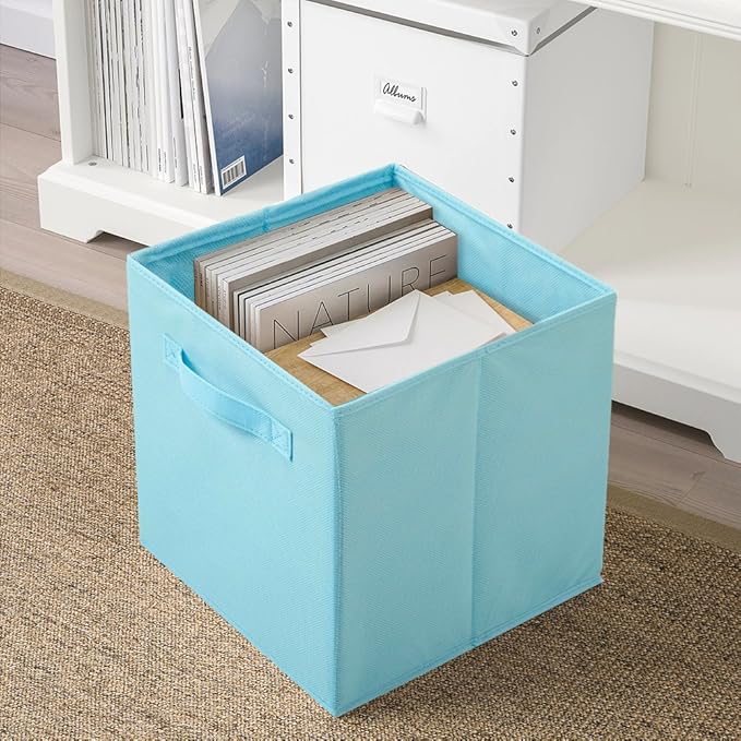 PowerKing Collapsible Storage Cubes, Farbic Storage Bins, Blue, 2 Pack | Sturdy, Lightweight, Easy Pull Handle, Closet & Shelf Organizer, Clothes and Toys Storage, 10.5'' x 11'' x 10.5''