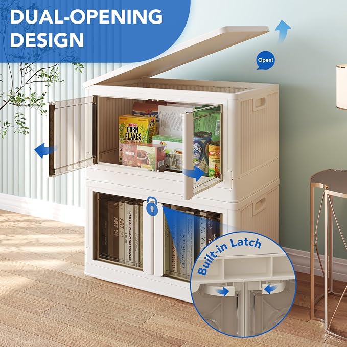 FLEXIMOUNTS 152 QT Stackable Plastic Storage Bins With Lids, Milky White | Collapsible Foldable Storage Bins with Front Doors and Built-in Wheels, Organizers and Storage for Home, Dorm, 2 Pack Cubes