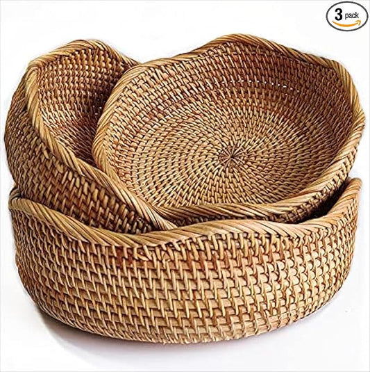 YANGQIHOME Rattan Bread Basket, Round Fruit Baskets, Wicker Storage Bowls, Natural Woven Serving Basket Bowls, Decorative Baskets for Kitchen Counter Organizing
