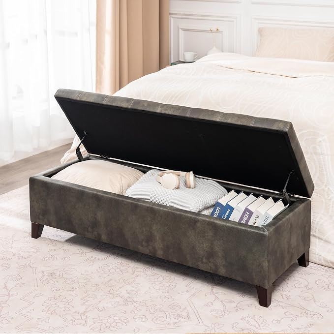Ottoman with Storage, 51 Inch End of Bed Storage Ottoman Bench, Faux Leather Upholstered Ottomans with Hinged Lid, Rectangle Long Foot Rest Bench for Living Room Bedroom Dark Green