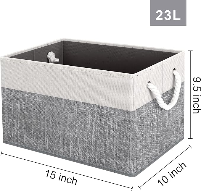 Fab totes Storage Bins 6-Pack, Foldable Storage Baskets for Organizing Toys, Books, Shelves, Closet, Large Storage Box with Rope Handles, Sturdy Organizer Bins, White & Grey