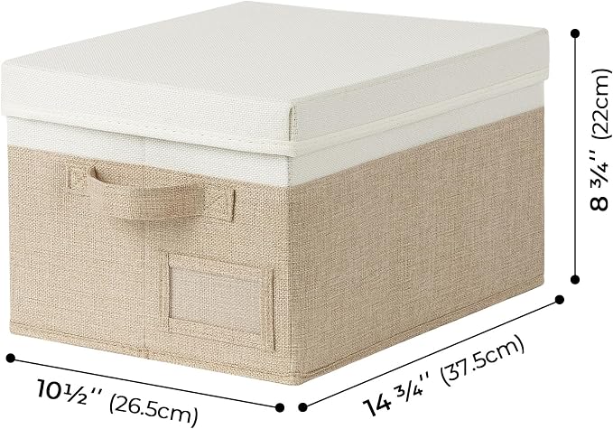 GRANNY SAYS Storage Basket with Lid, Linen Fabric Storage Bins with Label, Decorative Storage Boxes, Clothes Storage and Organization, Memory Keepsake Box, 3-Pack, Medium, Khaki&Ivory
