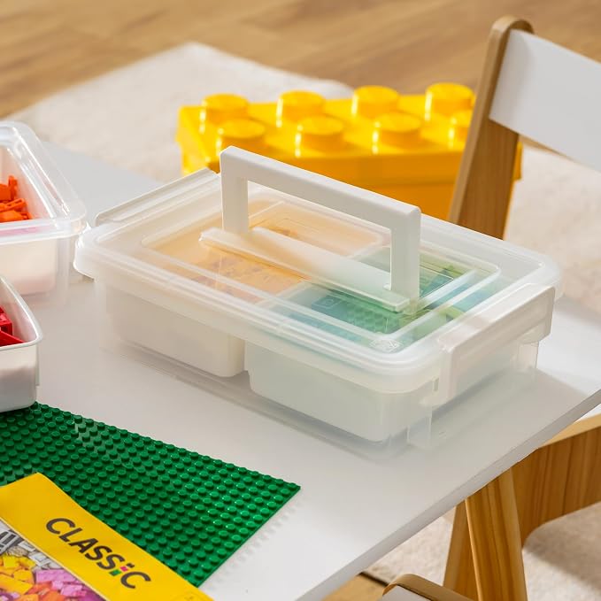 IRIS USA Storage Bins with Lids |Made in USA| 1 Qt - (2-Pack) - White | Built-In Handle Tote / 2 Removable Organization Trays / Plastic Containers for Crafts & Art Supplies / Interlocking Latches