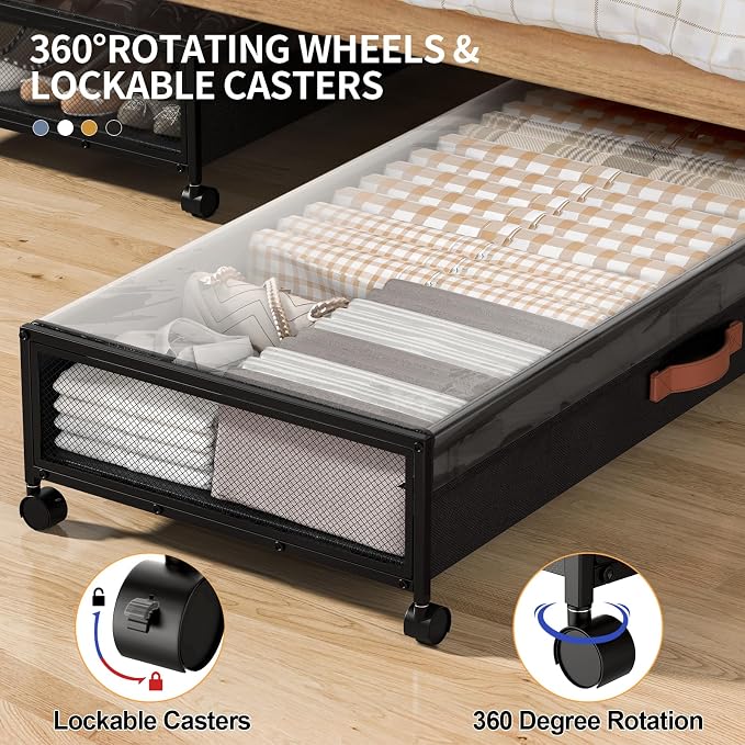 Under Bed Storage Containers with Wheels Large Underbed Shoes Blankets Clothes Toy Storage Drawers for College Dorms Bedrooms Nursery Rooms Organization (Black 1 Pack, 7.5in height(36"x16.6"x7.48"))