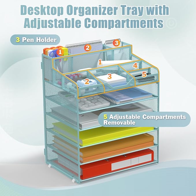 Docnest 6 Tier Mesh Desk Organizer with Letter Tray & Paper Sorter, Blue | Features 3 built-in pen holders & 5 adjustable compartments on top. Includes 4 non-slip rubber feet for desk protection