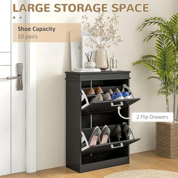 HOMCOM Narrow Shoe Cabinet with 2 Flip Drawers, Modern, for Entryway, Black | Freestanding Small Shoe Storage Cabinet, Adjustable Shelves, Hallway