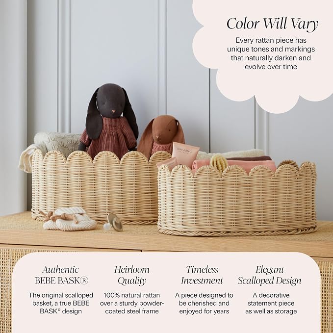 BEBE BASK Premium Scalloped Basket Set of 2 (16x10x7 In) - Storage Baskets | Handwoven Rattan, Scallop Basket, Wicker Basket With Scalloped Edge, Nursery Storage, Set of 2, Natural