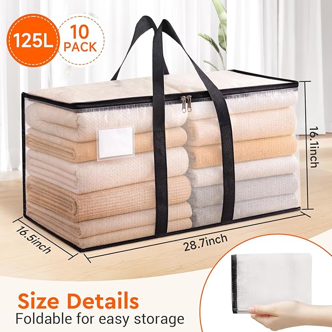 BlissTotes Moving Bags, 125L 10-Pack Storage Bags, Moving Box Heavy Duty Extra Large, Moving Totes with Zipper, Large Packing Bag with Reinforced Handles, Boxes for Packaging Moving