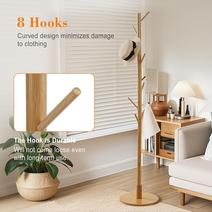 VECELO Coat Rack Freestanding, Entryway Hanger Stand, Umbrella Holder, Hall Tree With Hooks, Floor Standing Tree Stand,Light Wood