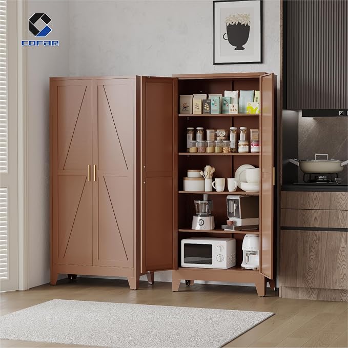 COFaR 71'' Tall Metal Storage Cabinet, Farmhouse Kitchen Pantry Cabinet with Doors and 4 Adjustable Shelves, Brown Metal Cabinets for Garage, Kitchen, Bathroom, Laundry, 5-Tier