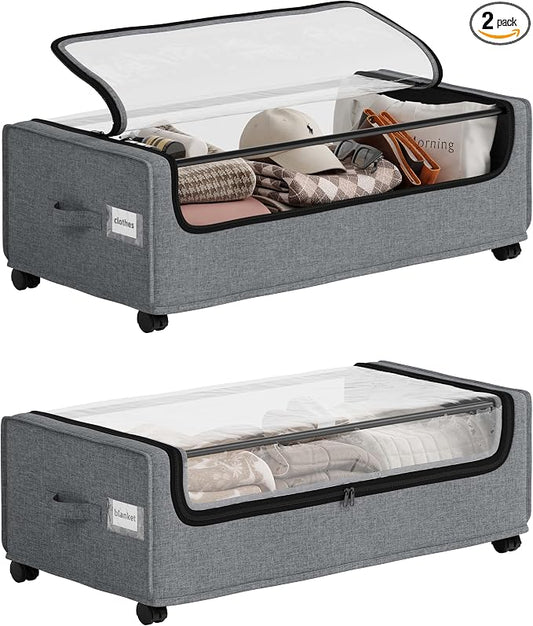 Under Bed Storage, Tall Size Under Bed Storage With Wheels, Under bed Shoe Storage, Metal Frame, 90L Capacity, Storage Drawers for Bedroom