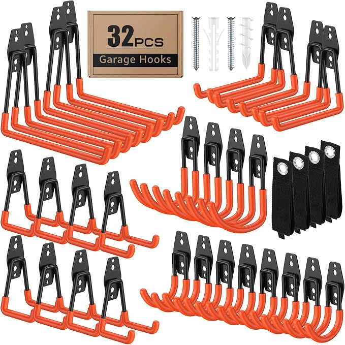 32-Pack Heavy Duty Wall Mount Garage Hooks | Hanging Storage For Ladders, Hoses, Bikes, Garden Tools, Ropes; For Yard, Warehouse, Workshop, Shed, Shop