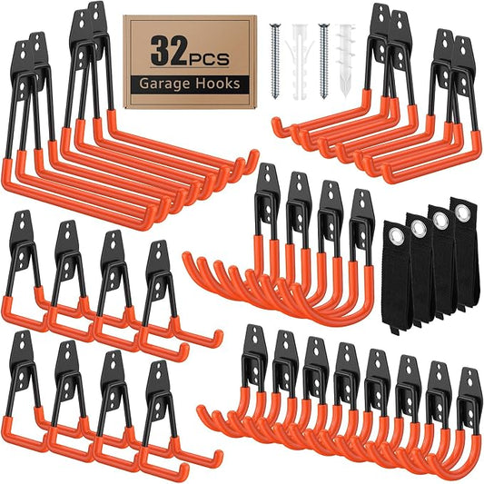 32-Pack Heavy Duty Wall Mount Garage Hooks | Hanging Storage For Ladders, Hoses, Bikes, Garden Tools, Ropes; For Yard, Warehouse, Workshop, Shed, Shop