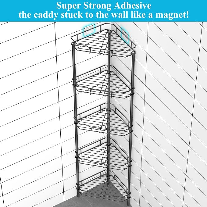 HuggieGems 5 Tier Floor Standing Corner Shower Caddy Organizer Shelf with Hooks, Bathroom Shelves Stand Rack, Matt Black