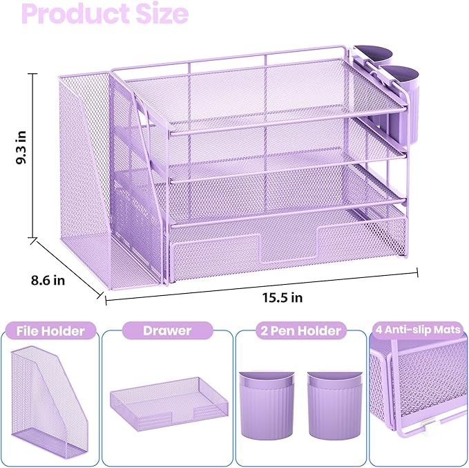 OPNICE Desk Organizer, 4-Tier Desktop File Organizer with Drawer and Pen Holders, Office Desk Accessories, File Sorters, Workspace Organizers for Office Supplies(Purple)