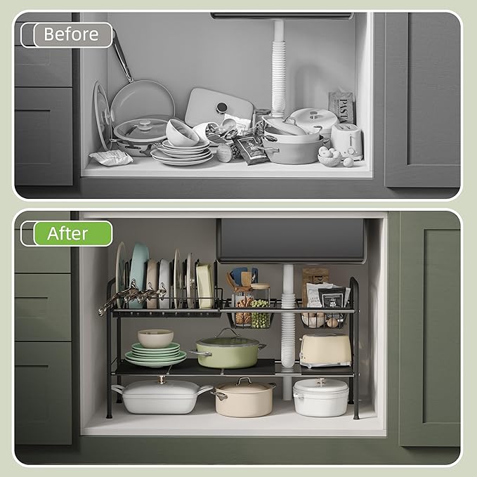 NETEL Expandable Under Sink Organizer，Pot and pan Organizer Under Cabinet | Pan Lid Organizer,Expandable Storage shelf with Pan Rack（7 Dividers）,2 Baskets and 4 Panels,Adjustable partition height