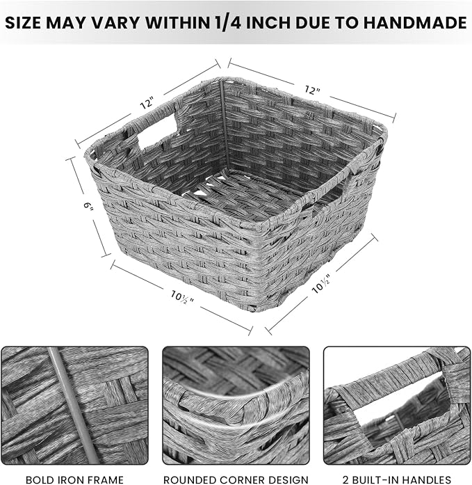 2-Pack Plastic Wicker Storage Baskets for Bathroom, 12"x12"x6", Grey | onlytak woven storage bins for shelves, toilet paper, closet, and home organizing – stackable, durable.