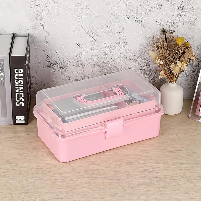 BTSKY 3-Layer Plastic Dividing Storage Box Craft Organizer and Storage | Portable Handled Art Supply Organizer with Adjustable Spacers Multipurpose Home Utility Box for Medicine, Sewing(Pink)