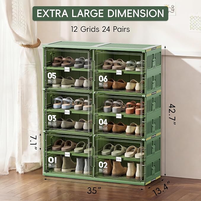 JEKO&JEKO 6 Tiers Green Foldable Shoe Rack Organizer for Entryway, Outdoor Front Door Shoe Storage Cabinet, Large Collapsible Shoe Box with Magnetic Doors, Holds Up to 24 Pairs
