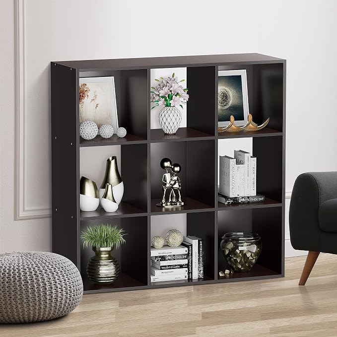 ZenStyle 9 Cube Storage Shelf Organizer, Wooden Bookshelf System Display Cube Shelves Compartments, Customizable W/ 5 Removable Back Panels (Brown, 9 Cube)