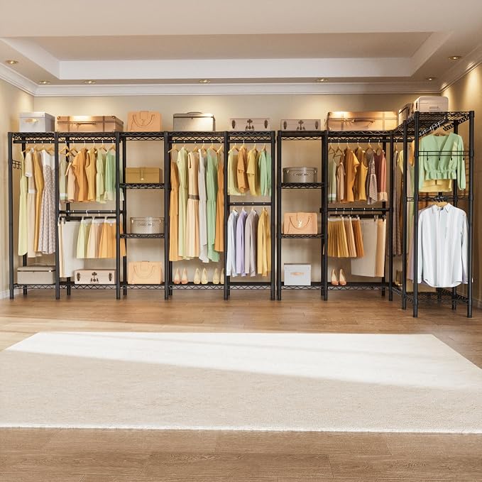 Golpart Heavy Duty Clothes Rack Metal Wardrobe with Adjustable Wire Shelves | Closet Organizers and Storage Clothing Rack Metal System Freestanding Hanging Clothes System Free Standing Garment Coat Racks
