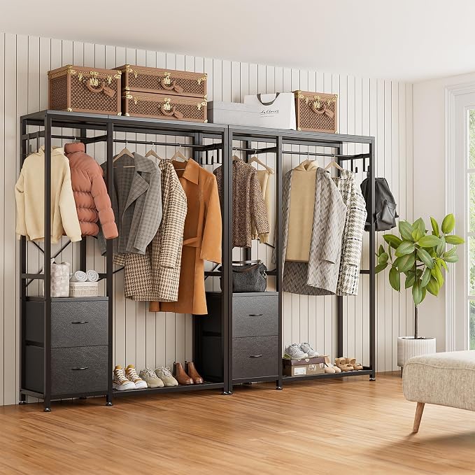 Lulive Clothes Rack with 2 Rods, Shelves, Drawers & Hooks, Garment Rack | Clothes rack with 2 hanging rods (50lbs each), 2 shelves, 2 fabric drawers & 4 hooks. 300lb total capacity. Fits small spaces