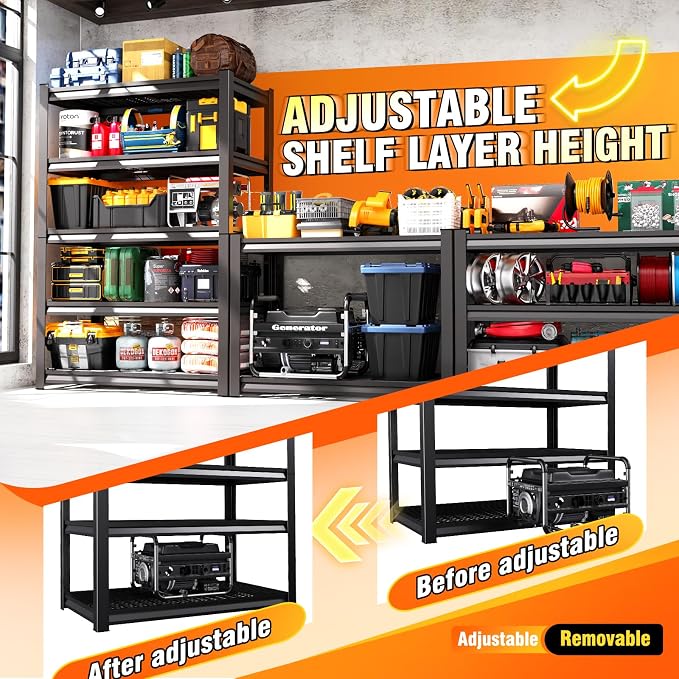 2 Pack Storage Shelves,2500LBS Garage Shelving ,Adjustable Garage Shelves ,Heavy Duty Metal Shelving, 5 Tier Wood Utility Steel Shelf, Easy-to-install Shelving Units and Storage 71.2''x46''x19.7"
