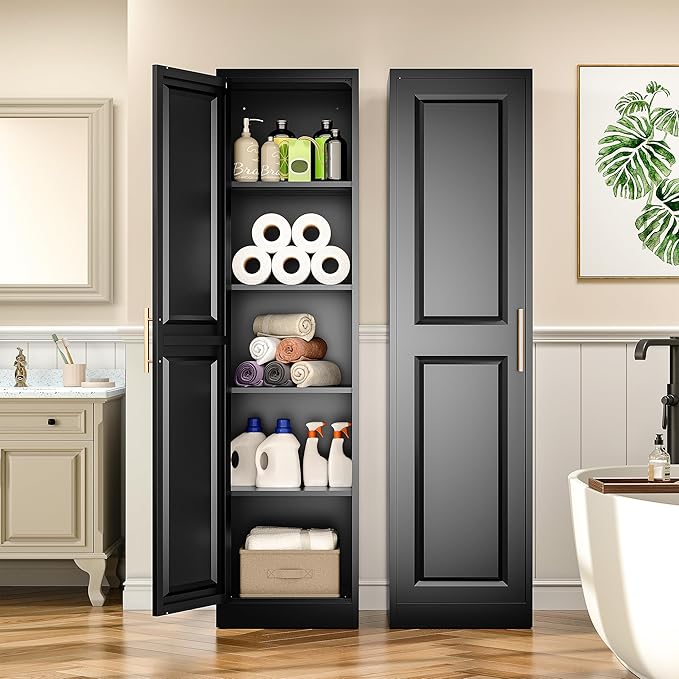 SISESOL 71" Tall Narrow Storage Cabinet with 1 Door and 5 Shelves,Slim Kitchen Pantry Cabinet,Black Metal Bathroom Cabinets,Large Cupboard for Home,Kitchen,Laundry,Bathroom