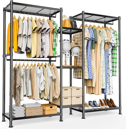 LEHOM G6 Clothes Rack, Heavy Duty Freestanding Garment Rack with Shelves | Metal Clothing Closet Wardrobe Storage System for Hanging Clothes (7 Shelves), 76.8"D x 17.7"W x 74.4"H, Hold 800 lbs, Black