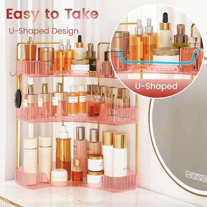 Corner Bathroom Counter Organizer 3-Tier Bathroom Organizer | Storage Countertop with Hooks Perfume Organizers Storage Shelf for Makeup & Skincare Dresser-Pink