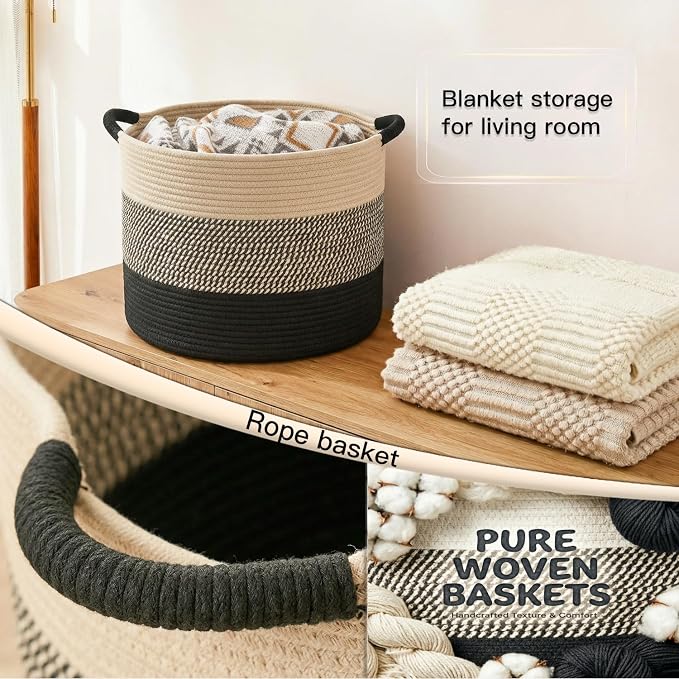 Artfeel 40L Large Cotton Rope Basket, Decorative Woven Blanket Storage for Living Room, Boho Toy Storage & Toy Box for Kids, Versatile Laundry Basket & Nursery Hamper for Blankets(BlackBrown)