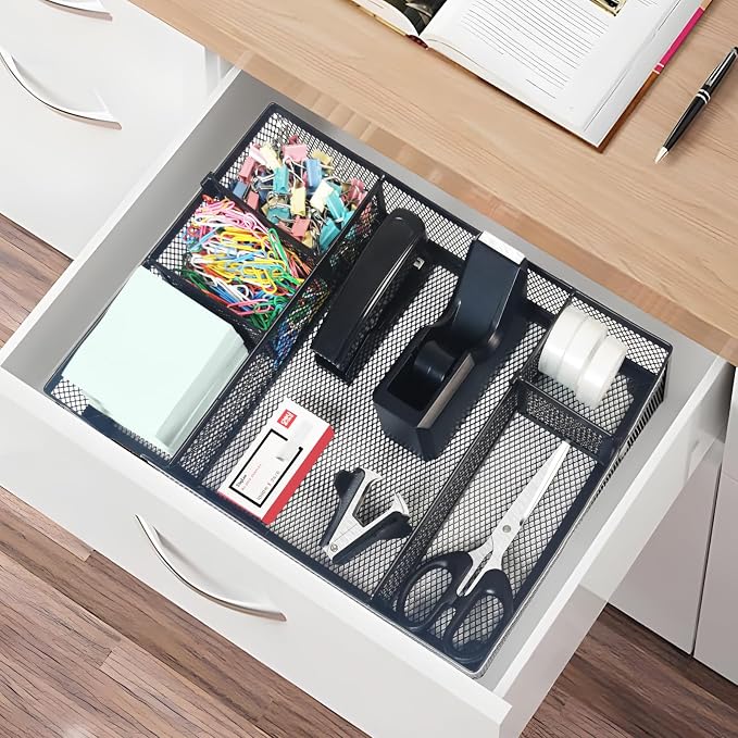 Black Desk Organizer Set, Office Supplies with Stapler and Tape Dispenser | Includes Desk Drawer Organizer,Tape, Staples, Staple Remover, Paper Clips, Scissors and Sticky Notes for a Neat Workspace