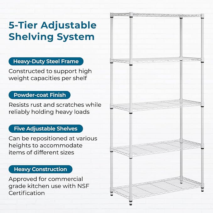 Honey-Can-Do 5-Tier White Wire Shelving Unit, 200 lb/Shelf, 36x14x72 in | 1,000 lb total in a bright white rust-resistant frame; tool-free build; adjustable shelves for laundry, kitchen & craft