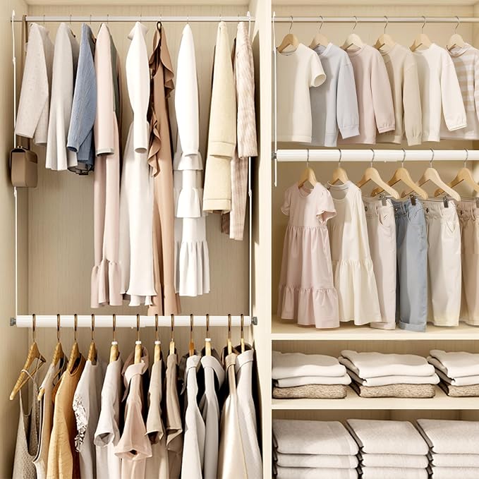 STORAGE MANIAC Adjustable Closet Rod for Hanging Clothes, 1 Pack White | Expandable 17.9"-29.7" Heavy-Duty Metal Closet Hanging Rod with 9 Height Adjustments, Space-Saving Double Closet Organizer