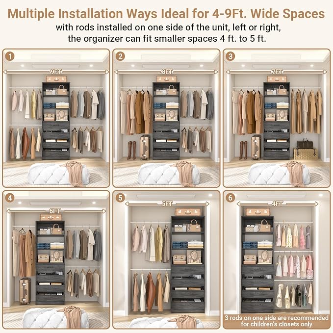 Aheaplus Closet System, 4-9 Ft Closet Organizer with 4 Wooden Drawers, Wood Closet Organizer System with Tower, Walk-in Closet Organizer Wardrobe Clothes Rack with 4 Hanging Rods, Black Oak