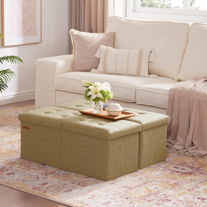 HAUSFRAU Ottoman with Storage Bench Folding Foot Rest Stool Linen Kaki | 31.5", Flip Lid, Small Upholstered Foldable Footrest Footstool, Bedroom Bench, Living Room Dorm Ottoman, Rectangle